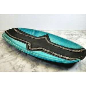 Ceramic Signed Platter Handcrafted Teal Crackle Black Serving Tray Sushi Platter